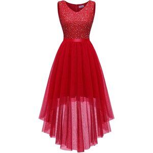 BeryLove Women Tulle Sequin Red Chiffon Scoop Neck Sleeveless Cocktail Dresses